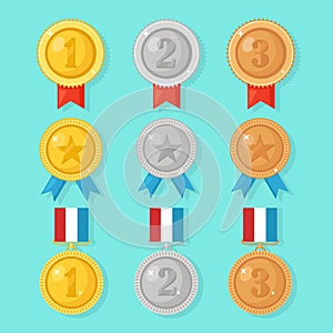 Gold, silver, bronze medal for first place. Trophy, award for winner isolated on blue background. Set of golden badge with ribbon